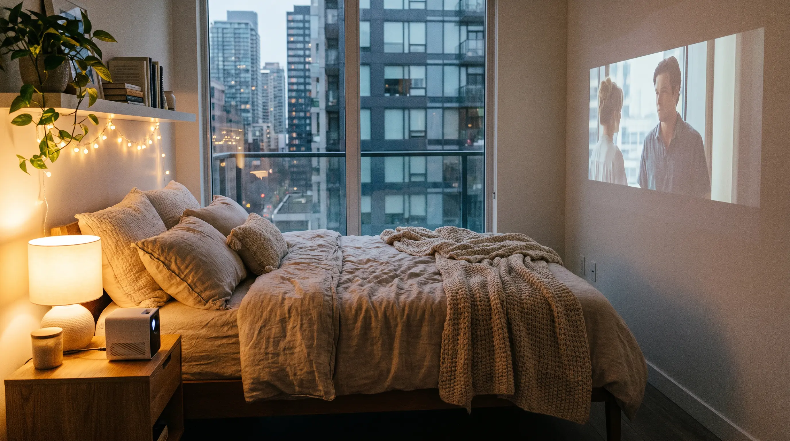 Small apartment bedroom with mini portable projector on nightstand Máy chiếu DataMax GP95-GTV treo trần trong phòng họp co-working cho thấy hiệu chỉnh keystone tự động trên hình ảnh 100 inch