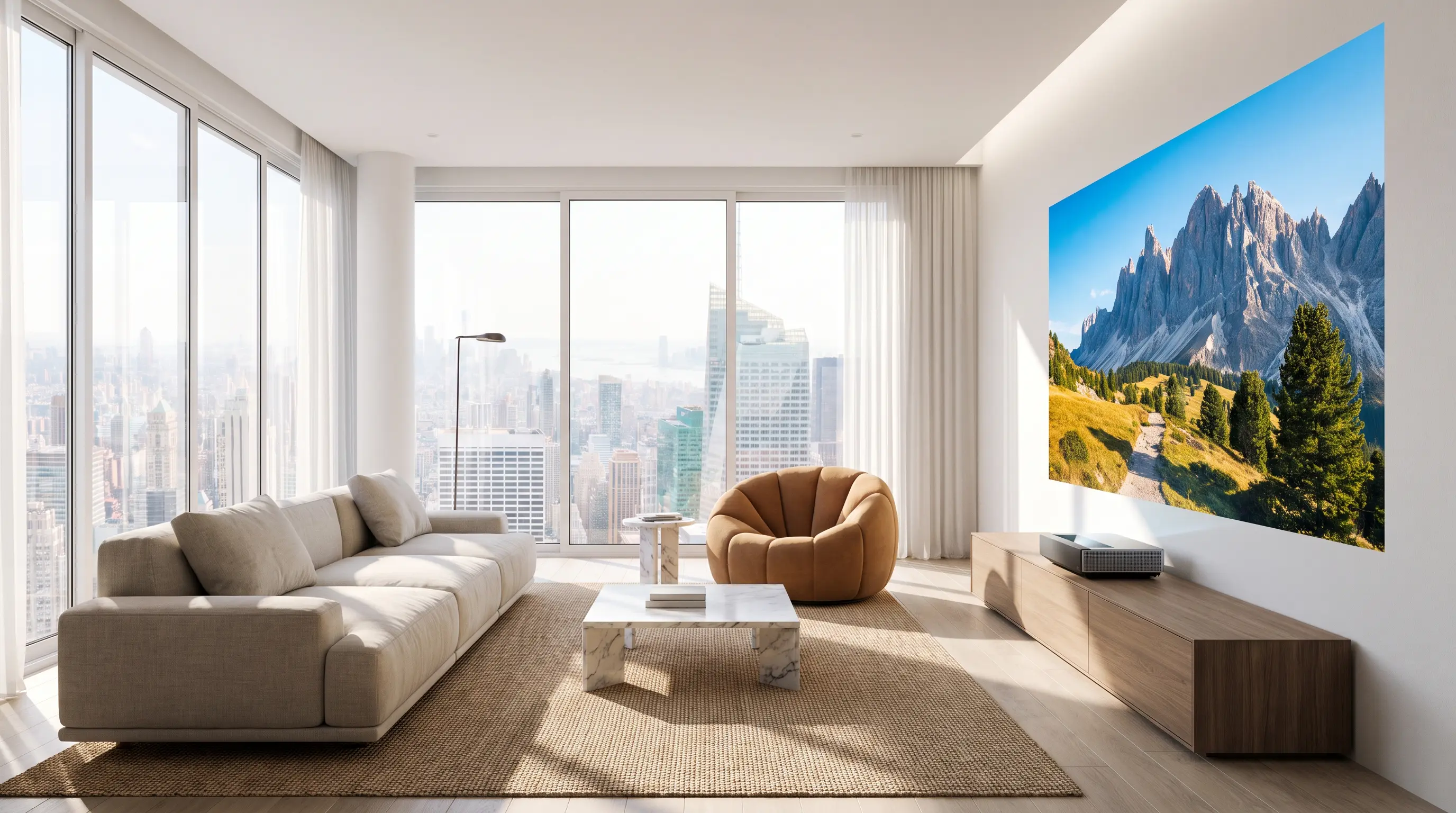 Luxury living room with short-throw projector on console table mẫu máy chiếu gắn trần trong suite khách sạn thể hiện hồ sơ âm học chế độ im lặng