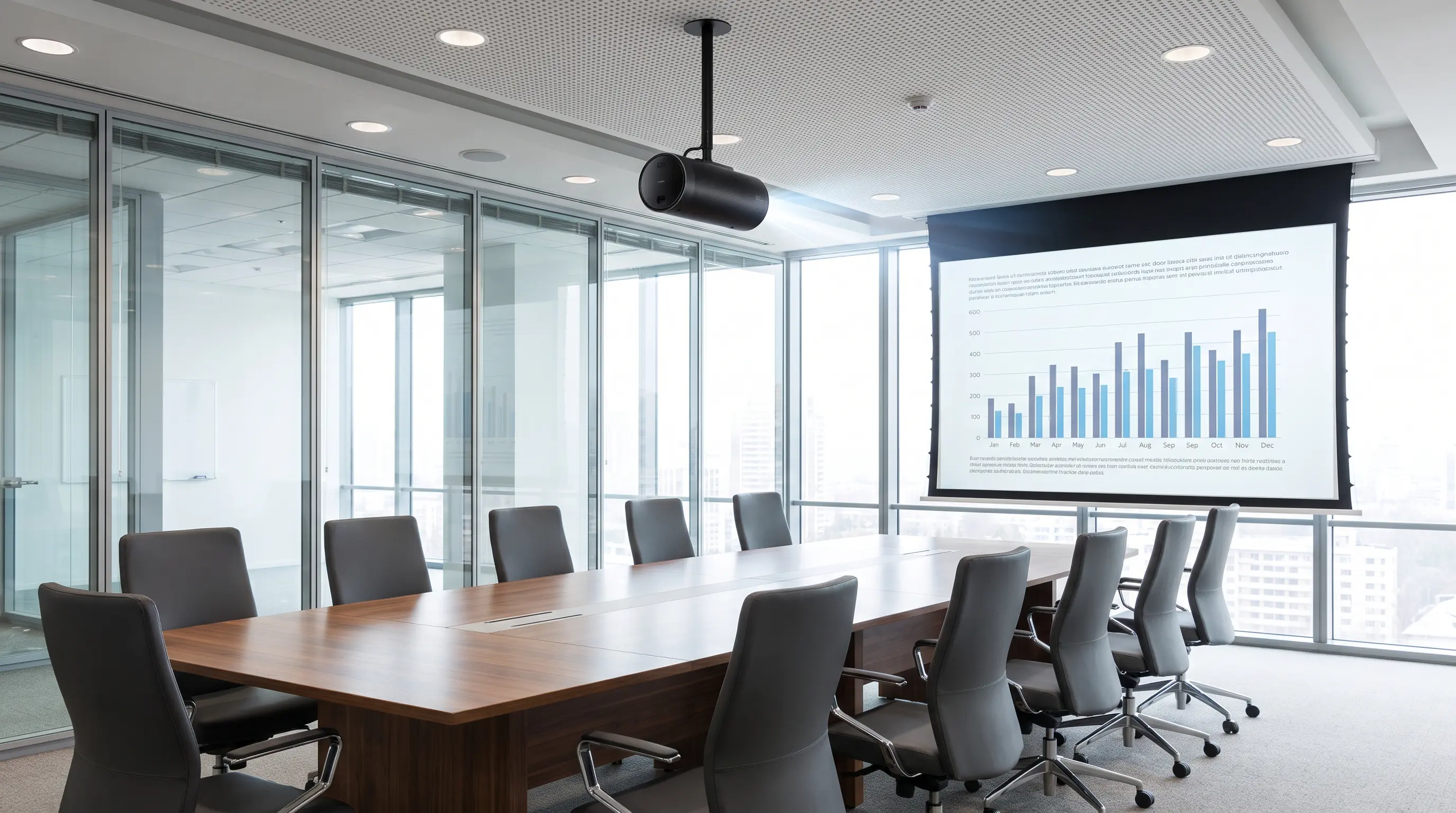 Conference room with ceiling-mounted 4K smart projector displaying business presentation Conference room with ceiling-mounted 4K smart projector displaying business presentation