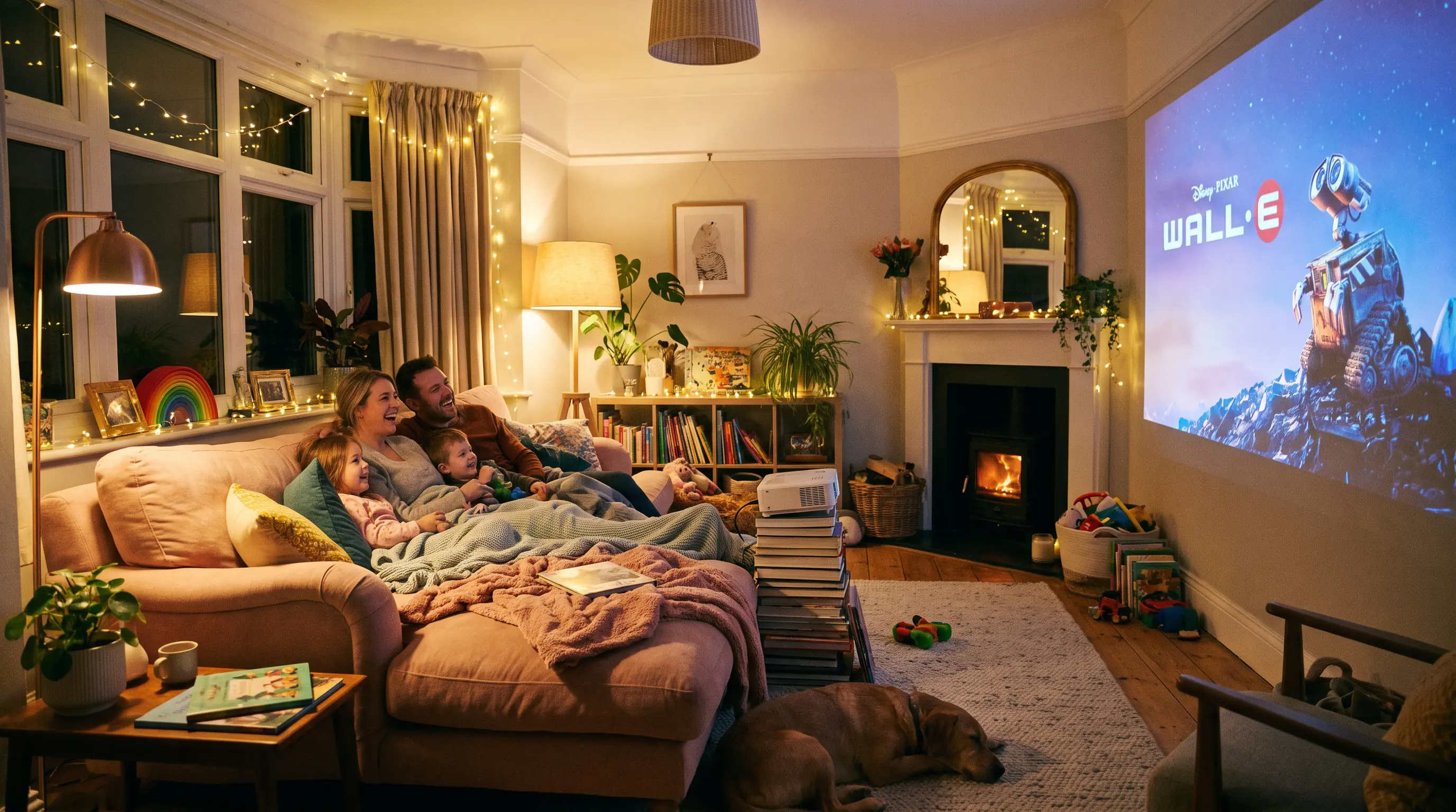 Family living room with home projector for family movie watching Hạ tầng mạng doanh nghiệp cho máy chiếu Android