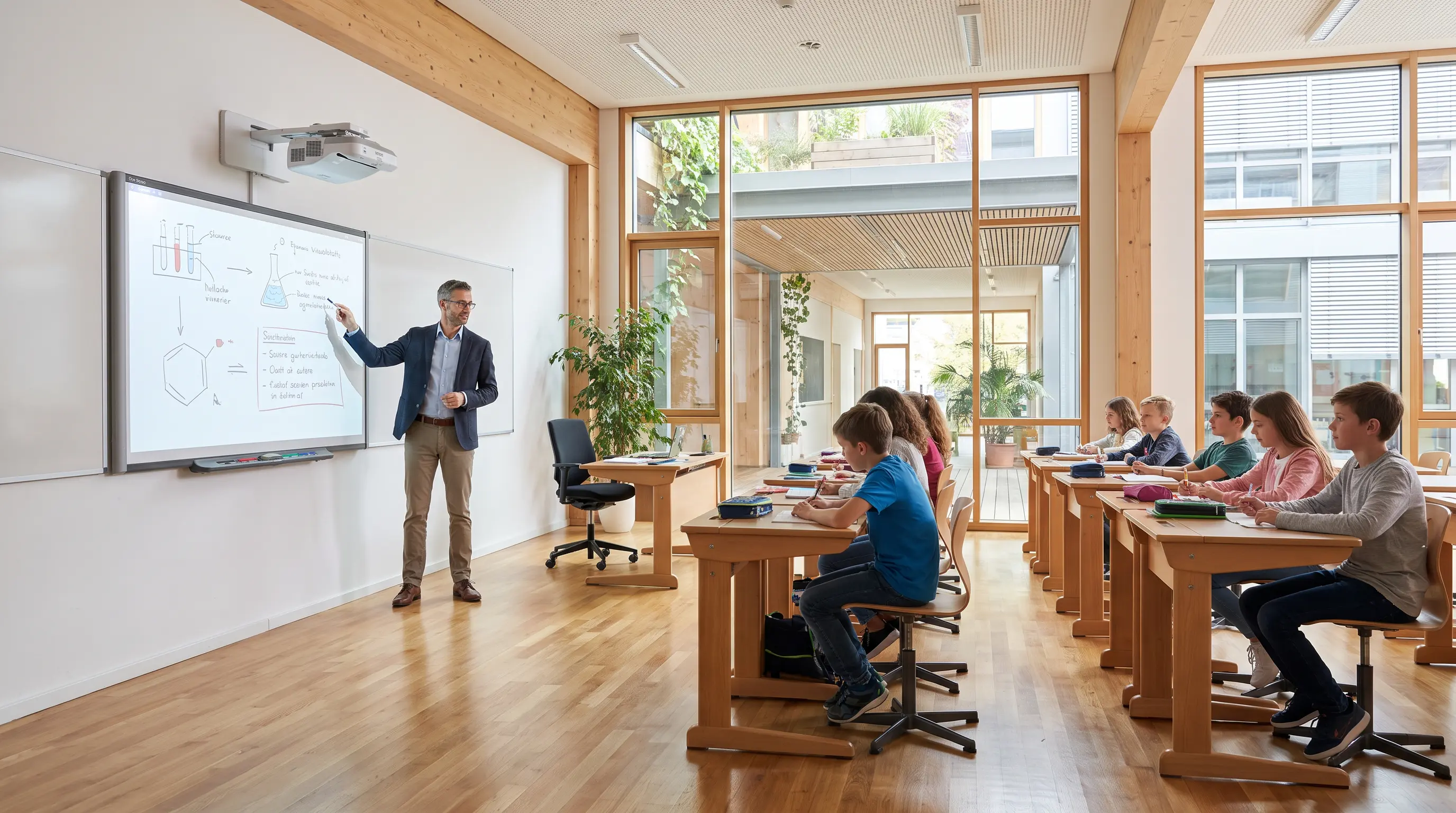 Modern classroom with teacher and students using projector DataMax this projector color calibration bench showing Rec.709 gamut verification on a Konica Minolta CA-410 display probe