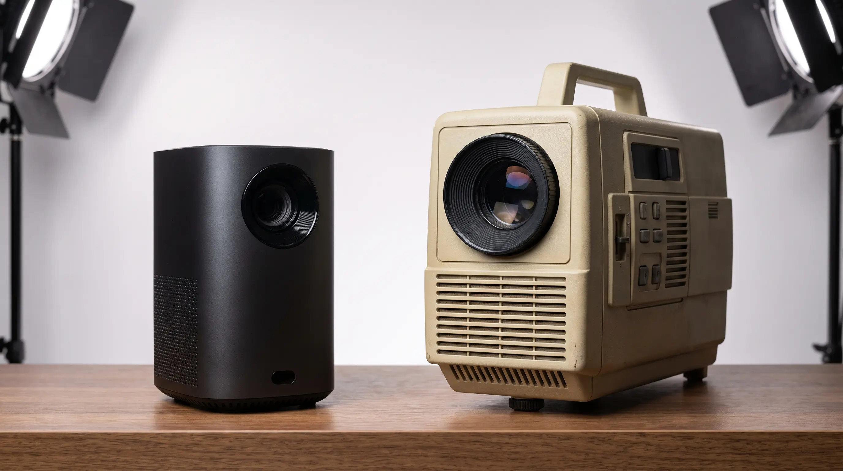 Two projectors side by side showing design difference Đội ngũ kỹ thuật DataMax đang xem xét mẫu thử máy chiếu với nhận diện thương hiệu của khách hàng