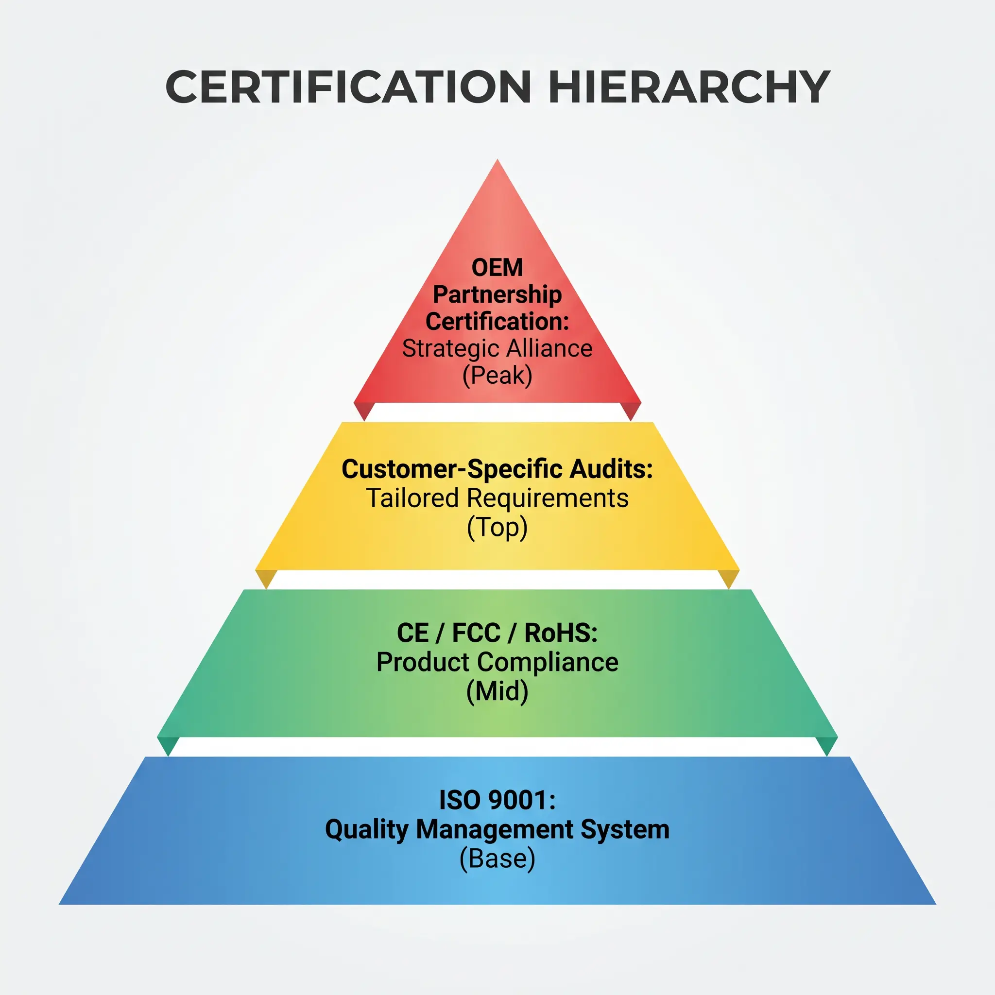 Certification pyramid with 4 levels from ISO to OEM partnership