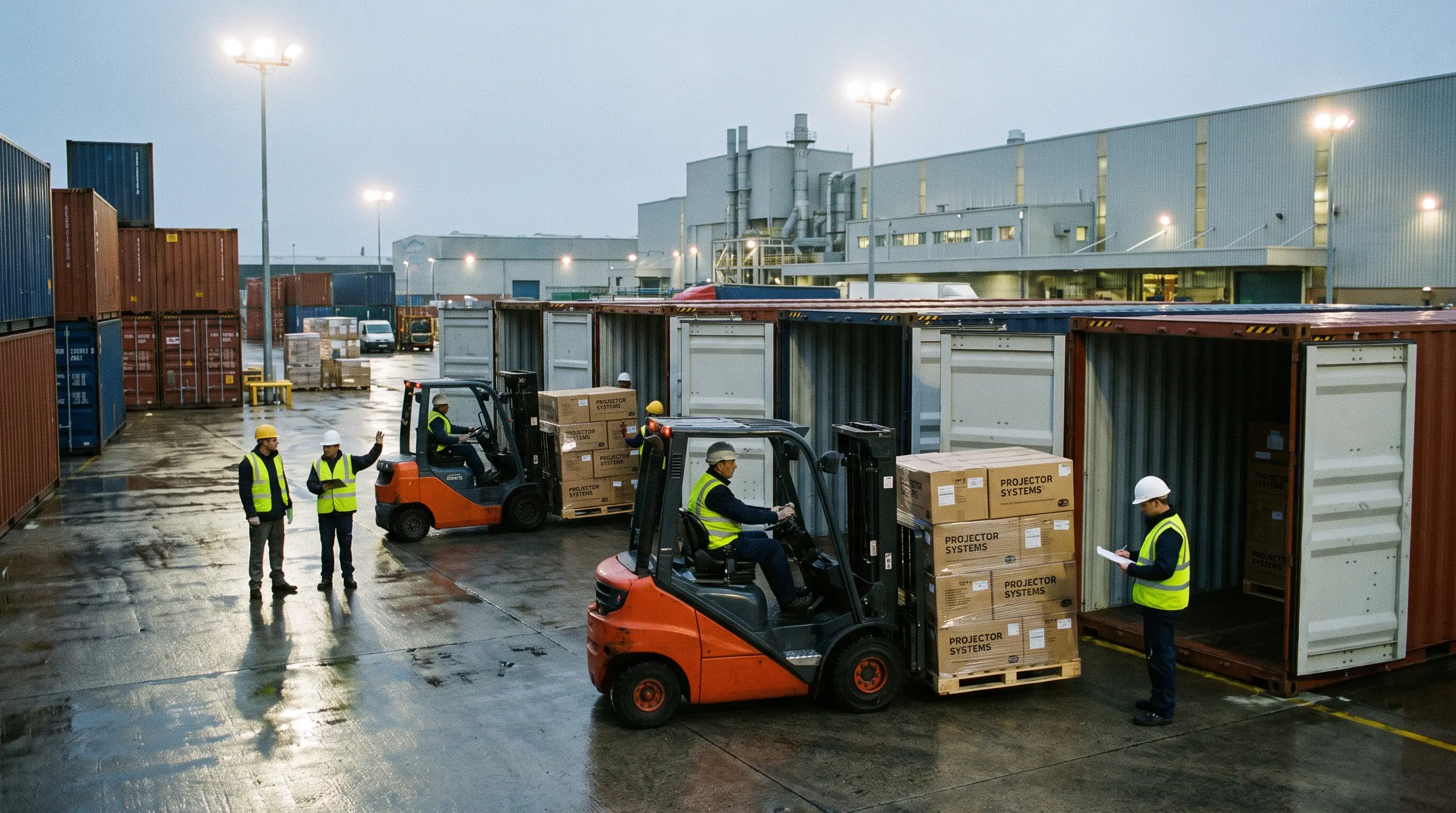 Factory shipping dock with forklifts loading palletized projector boxes Factory shipping dock with forklifts loading palletized projector boxes
