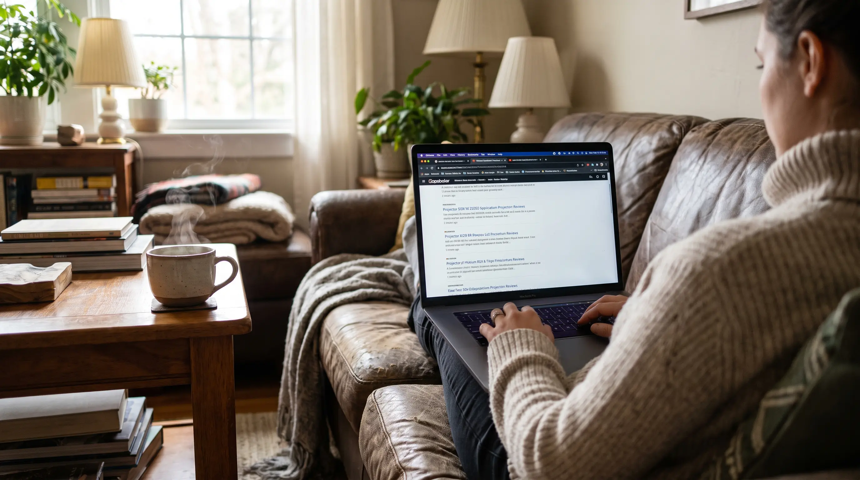 Person researching projectors online on laptop Person researching projectors online on laptop