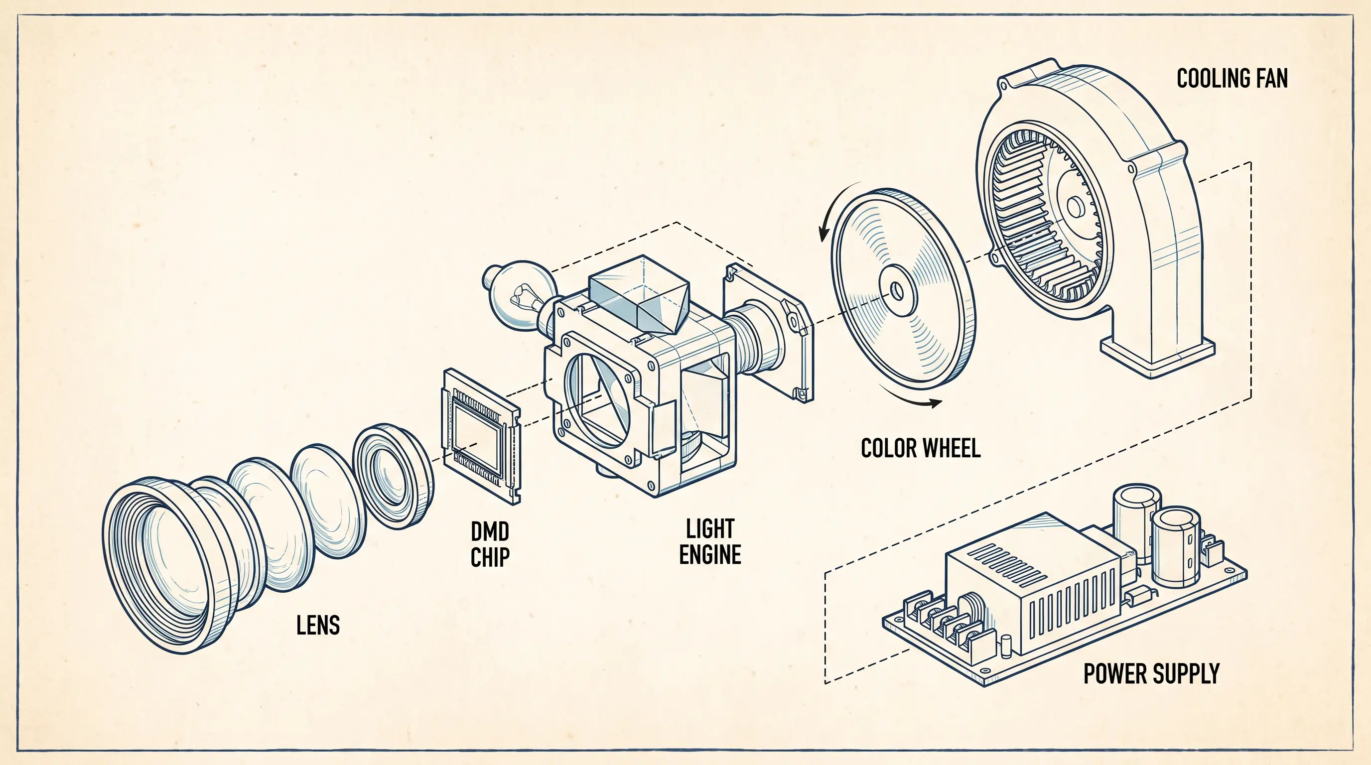Exploded view of projector with 6 internal components Exploded view of projector with 6 internal components