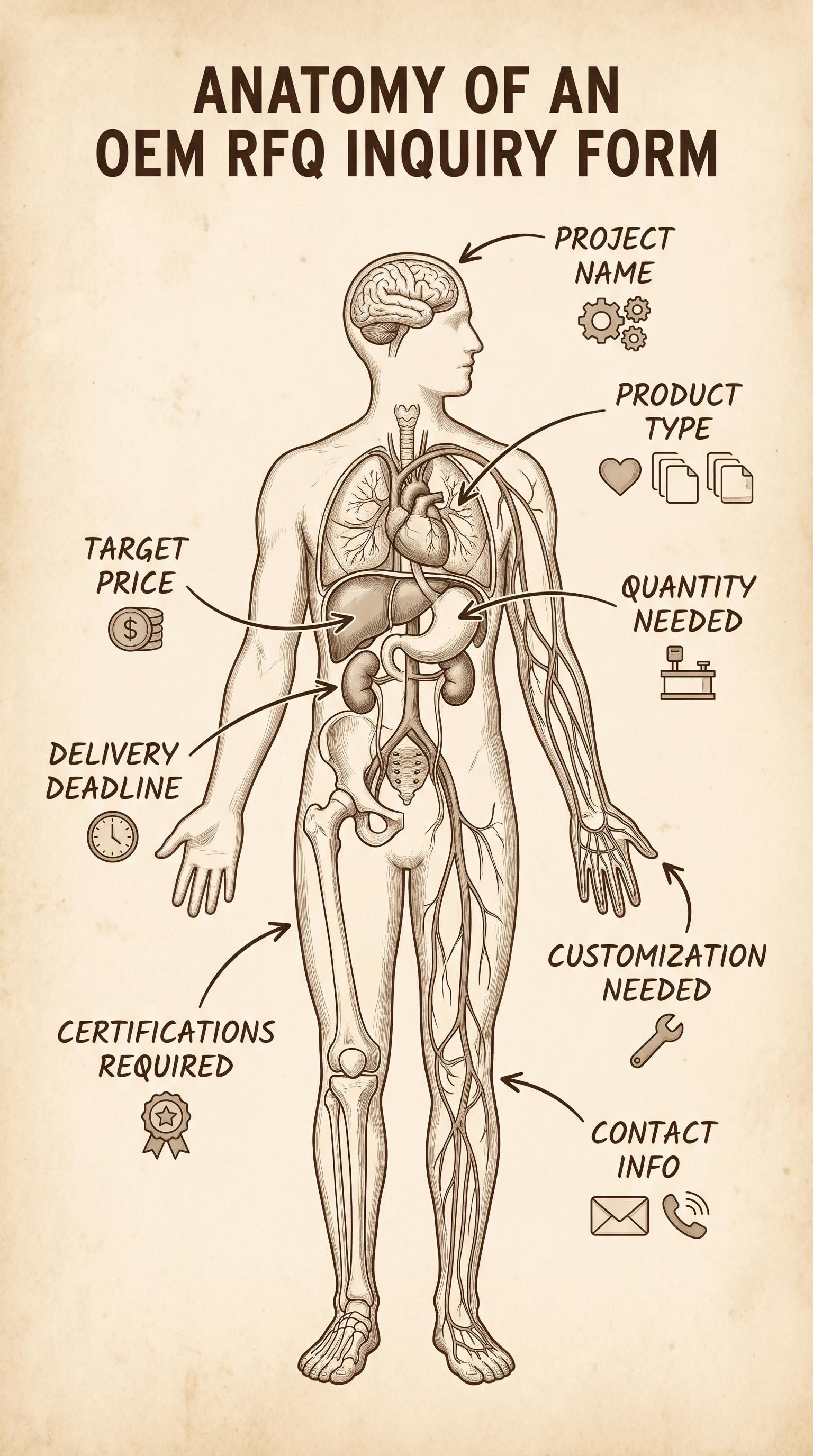 OEM RFQ form fields illustration DataMax quote process OEM recovery flowchart showing the six failure modes with average recovery time and cost impact